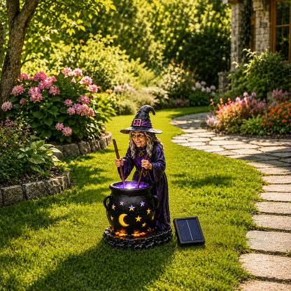 🧙‍♀️ᵐⁱⁿⁱ Halloween-Hexe mit leuchtendem Hexenkessel – Solarleuchte