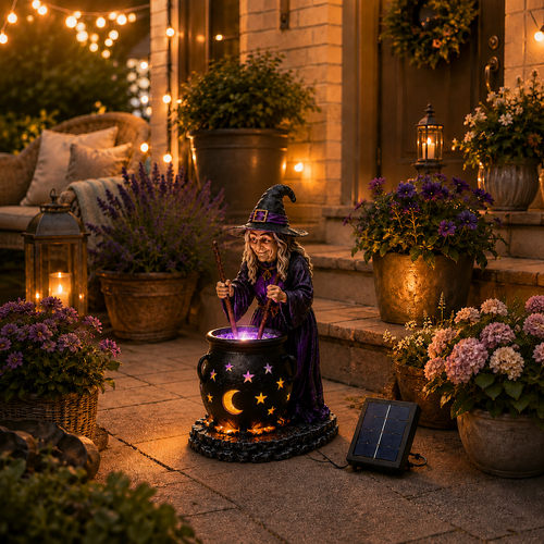 🧙‍♀️ᵐⁱⁿⁱ Halloween-Hexe mit leuchtendem Hexenkessel – Solarleuchte