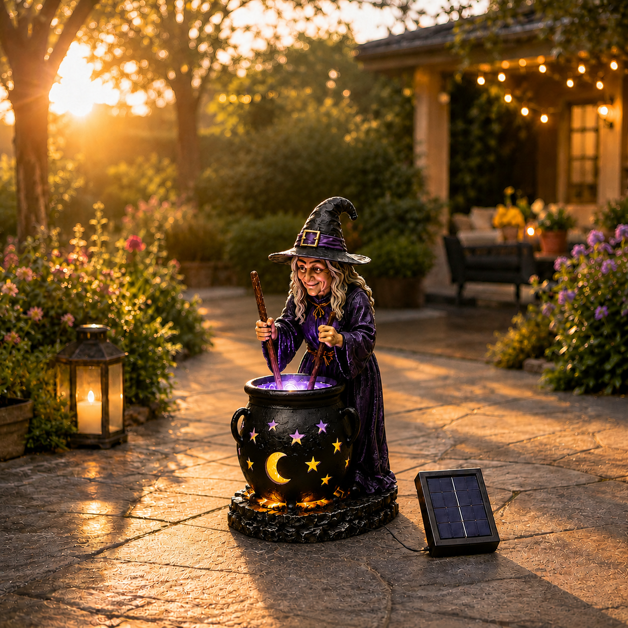 🧙‍♀️ᵐⁱⁿⁱ Halloween-Hexe mit leuchtendem Hexenkessel – Solarleuchte