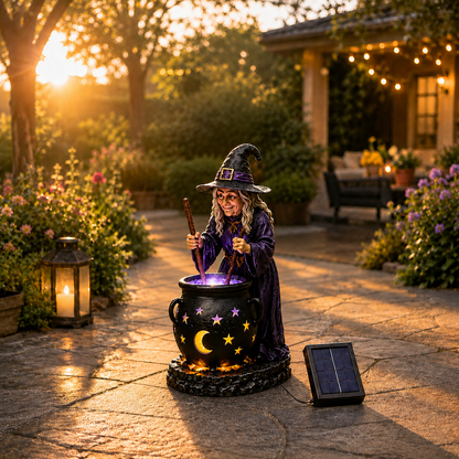 🧙‍♀️ᵐⁱⁿⁱ Halloween-Hexe mit leuchtendem Hexenkessel – Solarleuchte