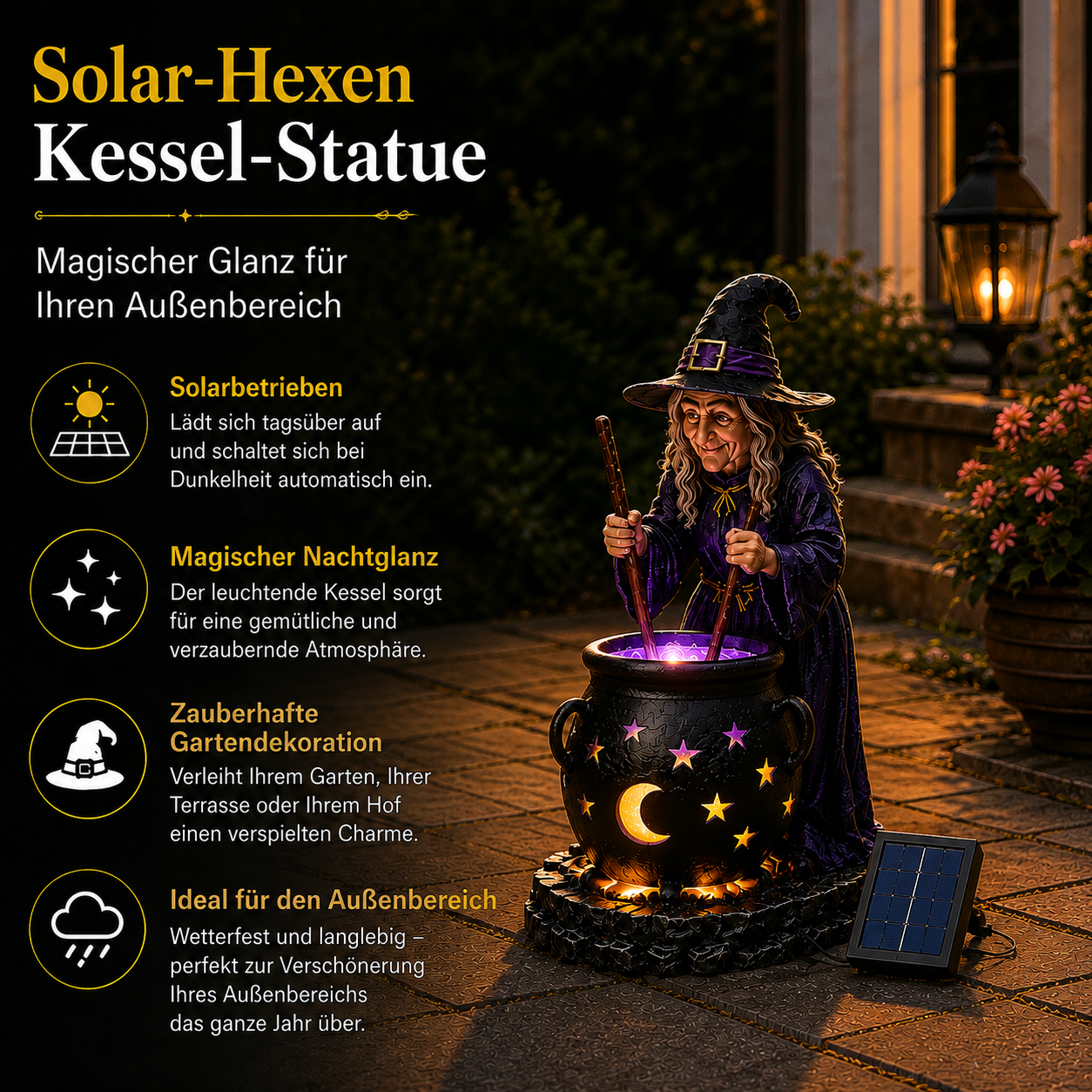 🧙‍♀️ᵐⁱⁿⁱ Halloween-Hexe mit leuchtendem Hexenkessel – Solarleuchte