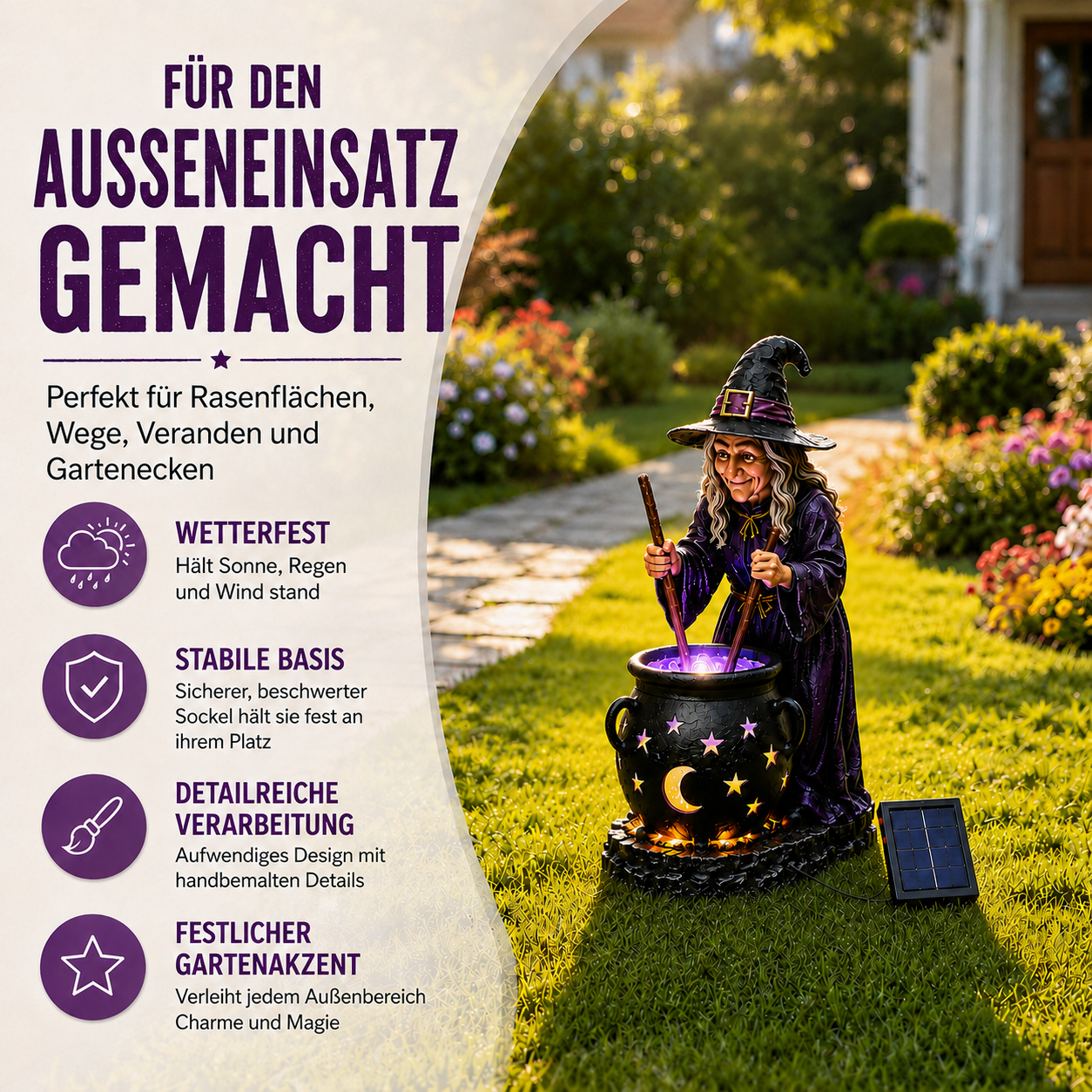 🧙‍♀️ᵐⁱⁿⁱ Halloween-Hexe mit leuchtendem Hexenkessel – Solarleuchte