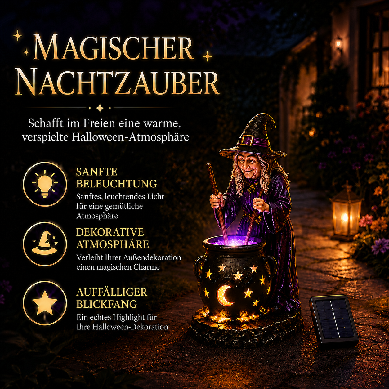 🧙‍♀️ᵐⁱⁿⁱ Halloween-Hexe mit leuchtendem Hexenkessel – Solarleuchte