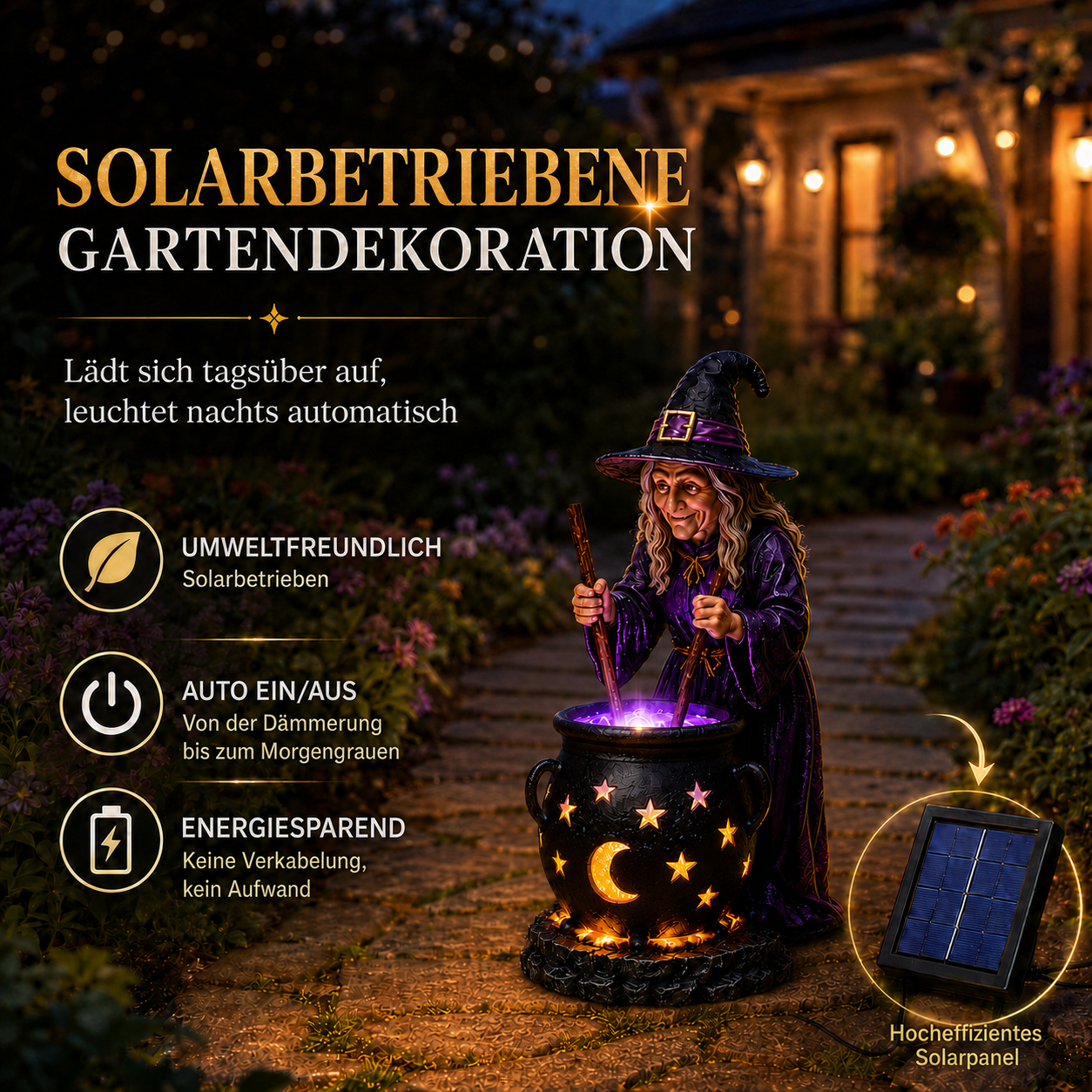 🧙‍♀️ᵐⁱⁿⁱ Halloween-Hexe mit leuchtendem Hexenkessel – Solarleuchte